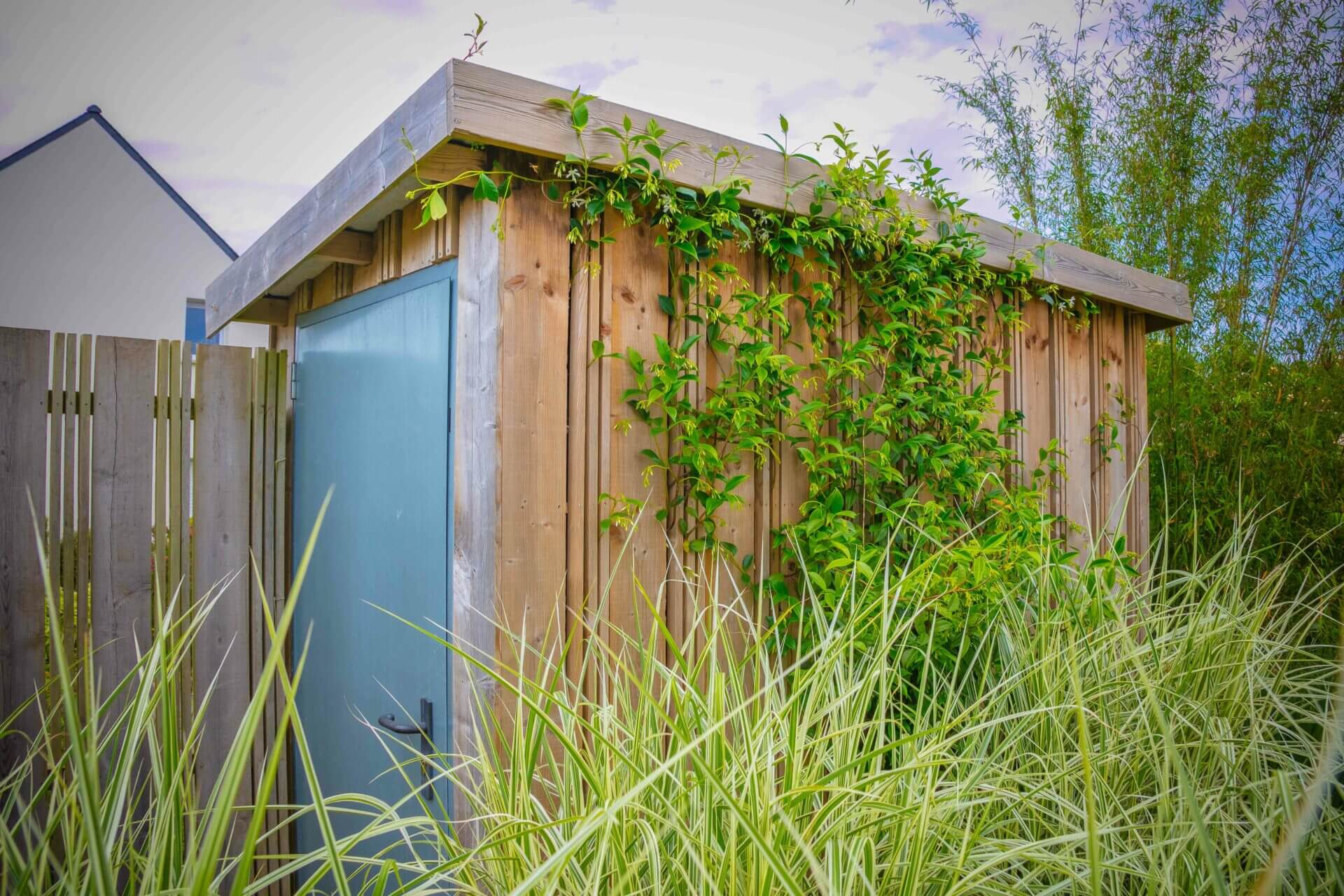 Un abri de jardin en bois dans un jardin avec des graminées.