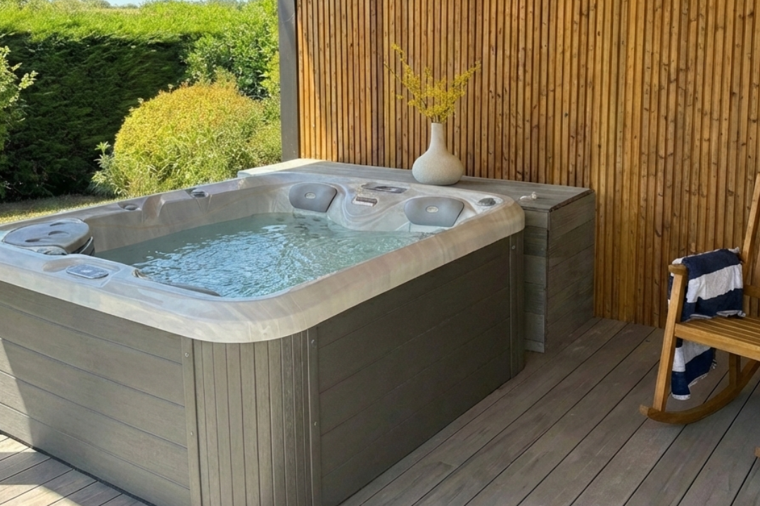 Spa extérieur sous pergola contemporaine en aluminium noir avec habillage bois vertical et terrasse composite.